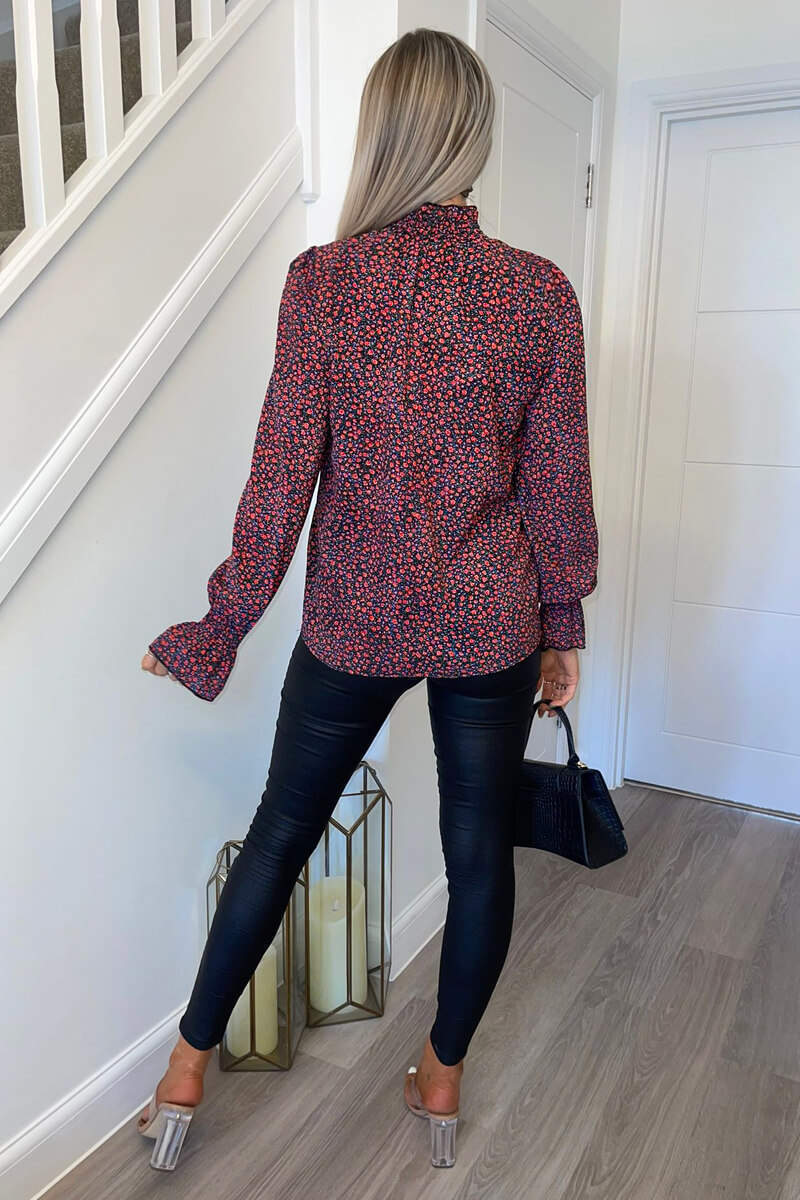 Black and Red Floral Print High Neck Elasticated Top - Image 4