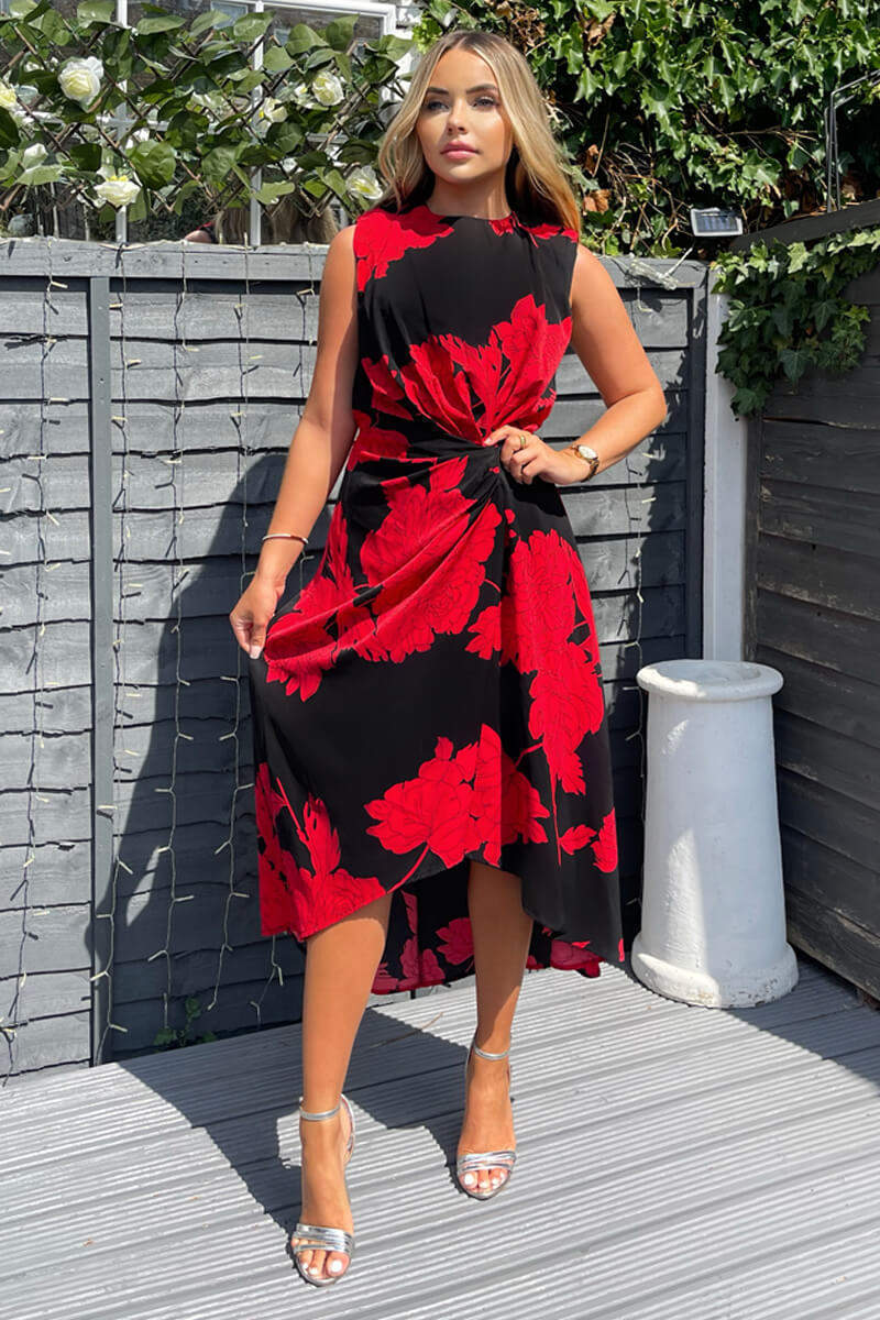 Black And Red Floral Print Wrap Midi Dress - Image 2