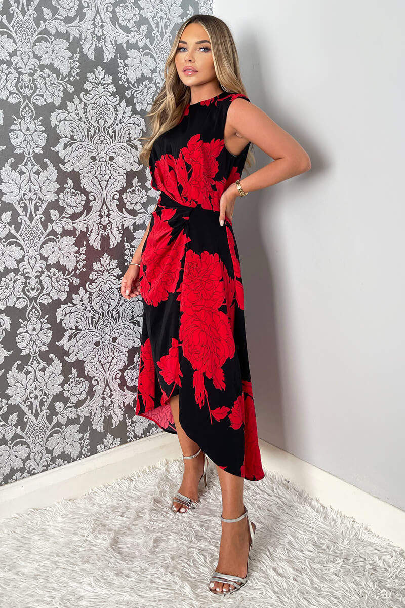 Black And Red Floral Print Wrap Midi Dress - Image 3