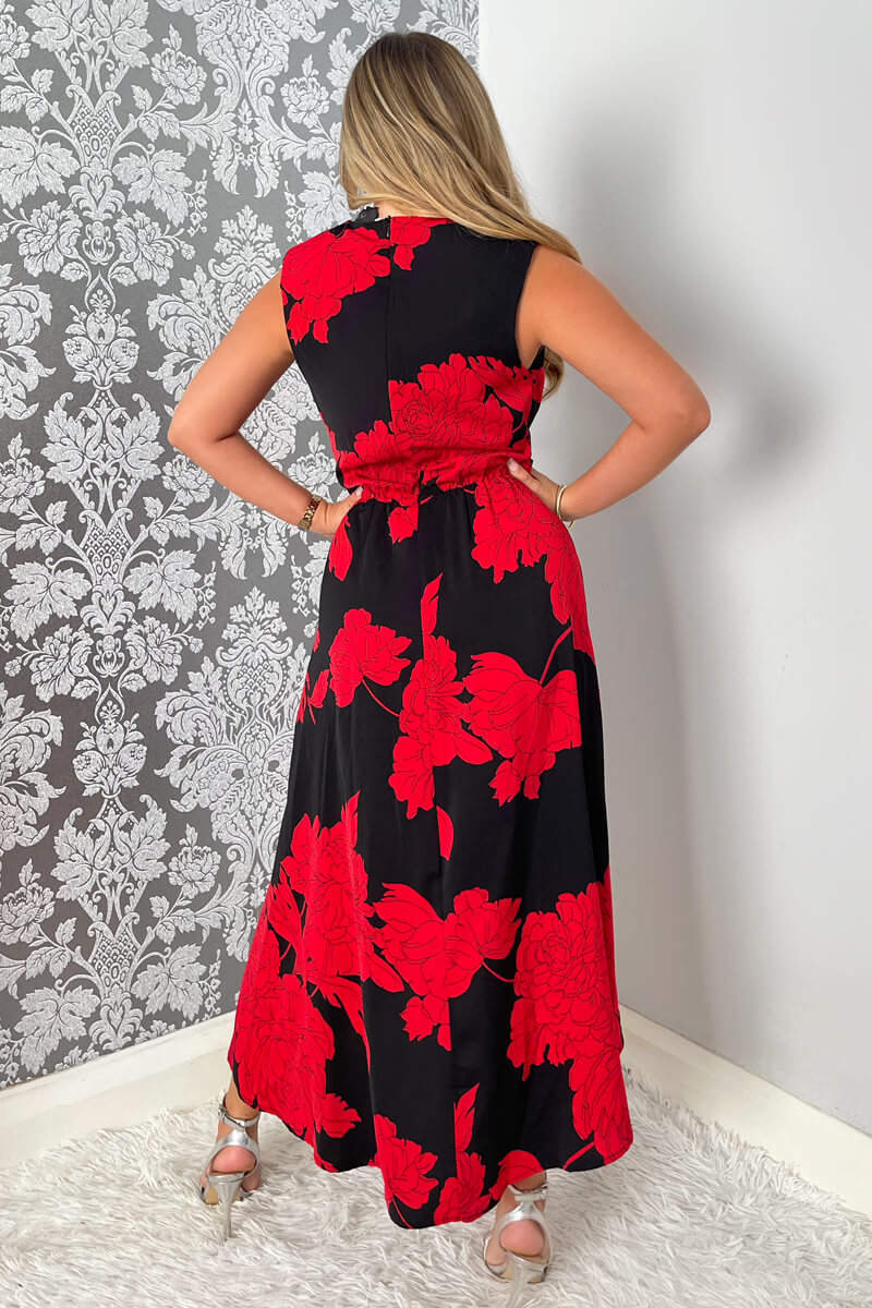 Black And Red Floral Print Wrap Midi Dress - Image 4