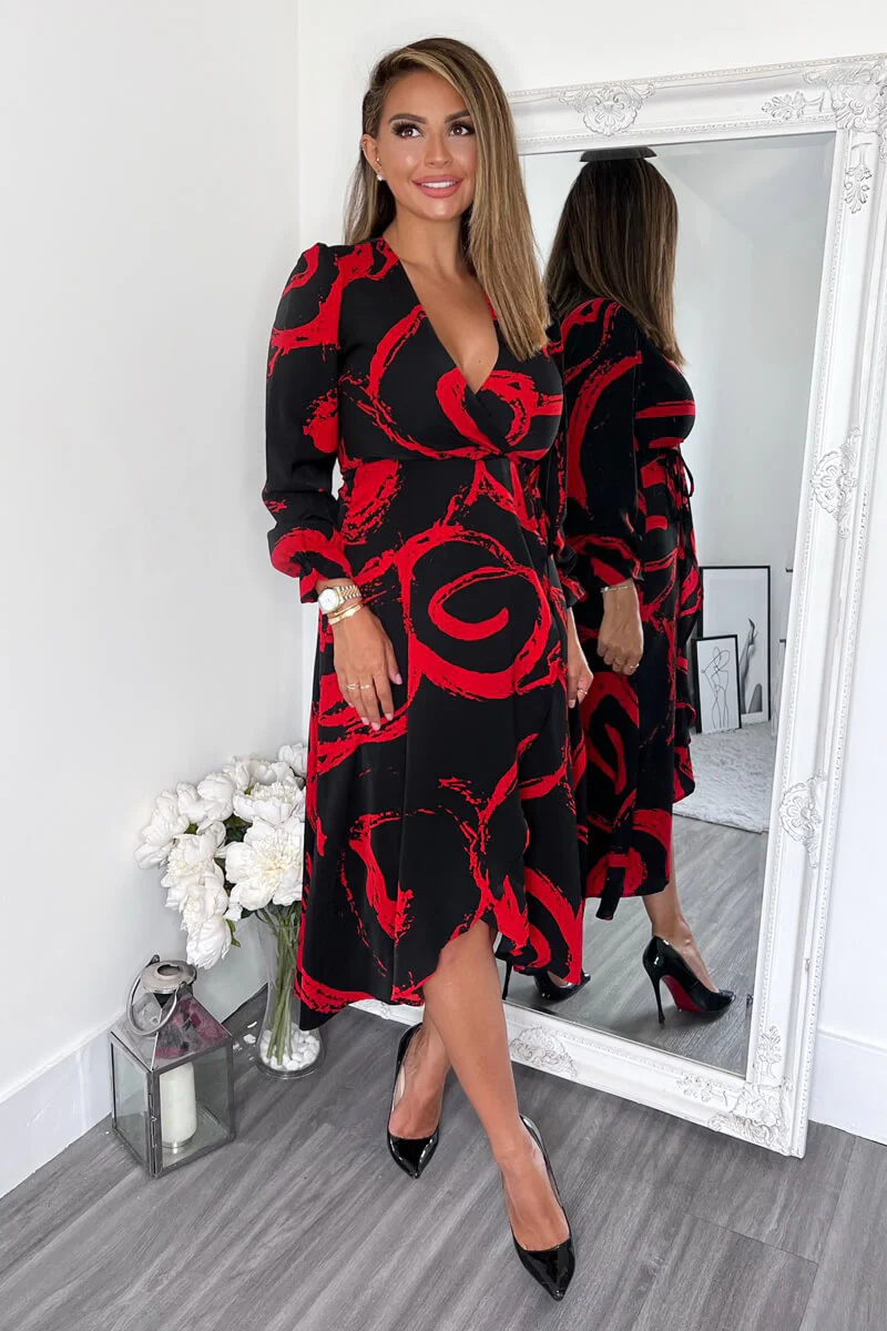 Black and Red Long Sleeve Wrap Midi Dress - Image 3