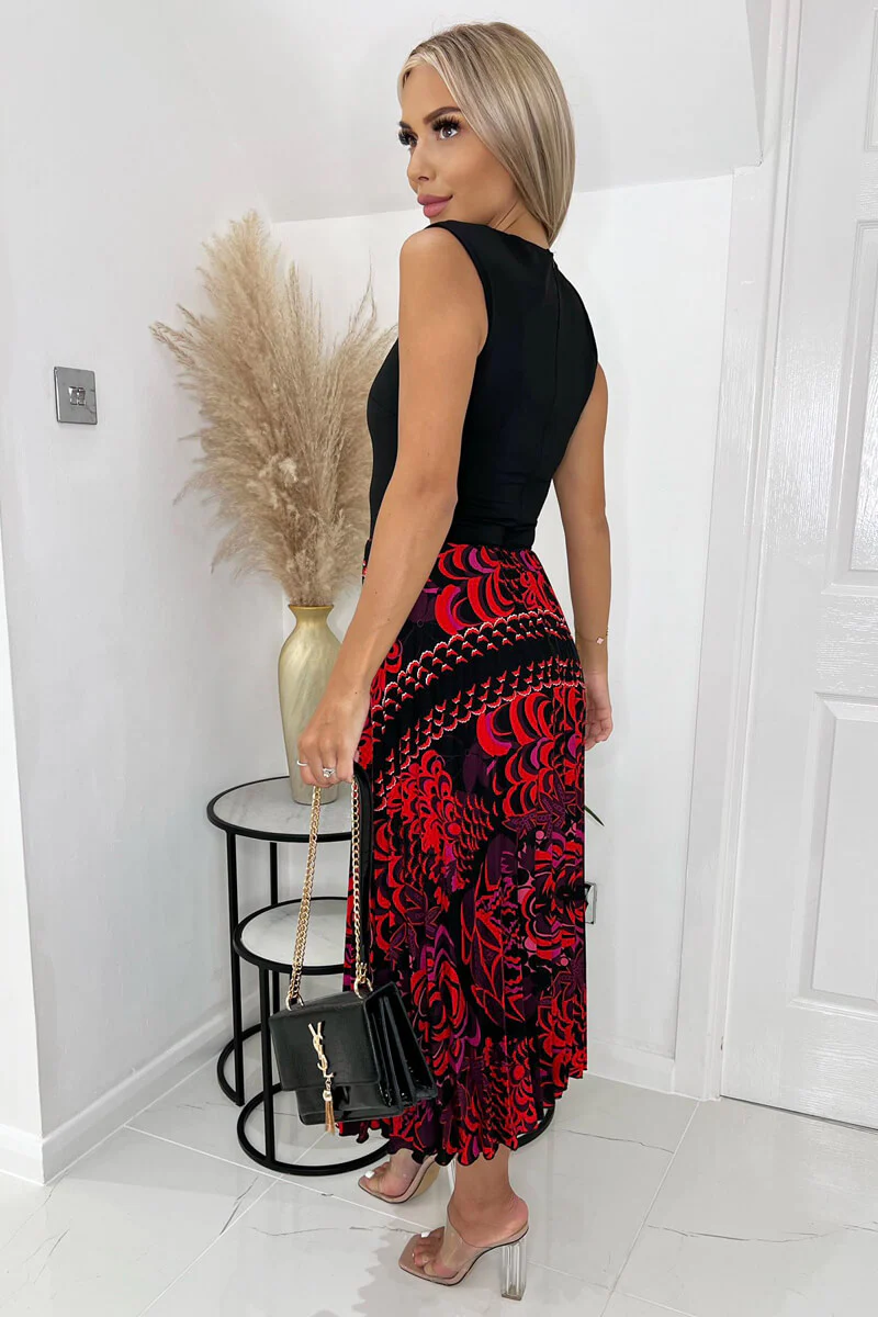 Black And Red Printed 2 in 1 Pleated Skirt Midi Dress - Image 4