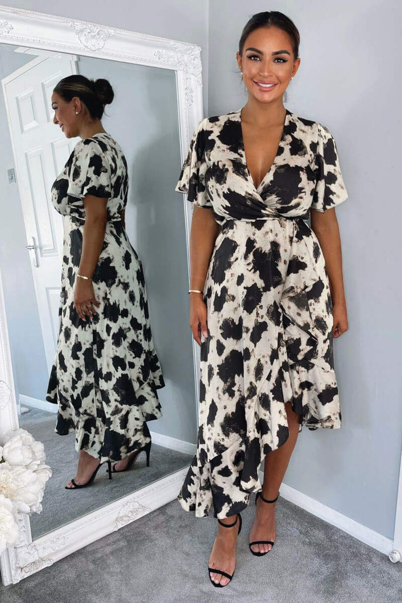 Black And Stone Abstract Print Wrap Midi Dress - Image 3