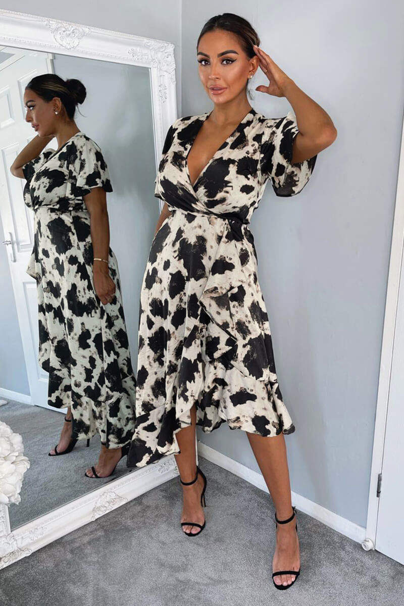 Black And Stone Abstract Print Wrap Midi Dress - Image 4