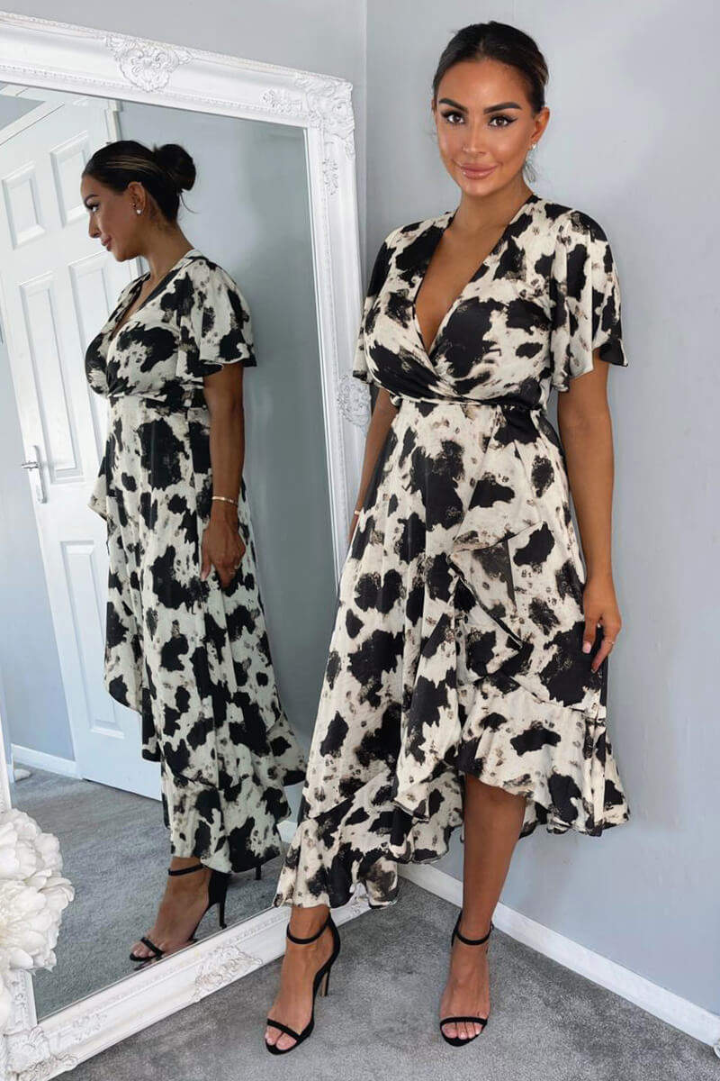 Black And Stone Abstract Print Wrap Midi Dress - Image 5