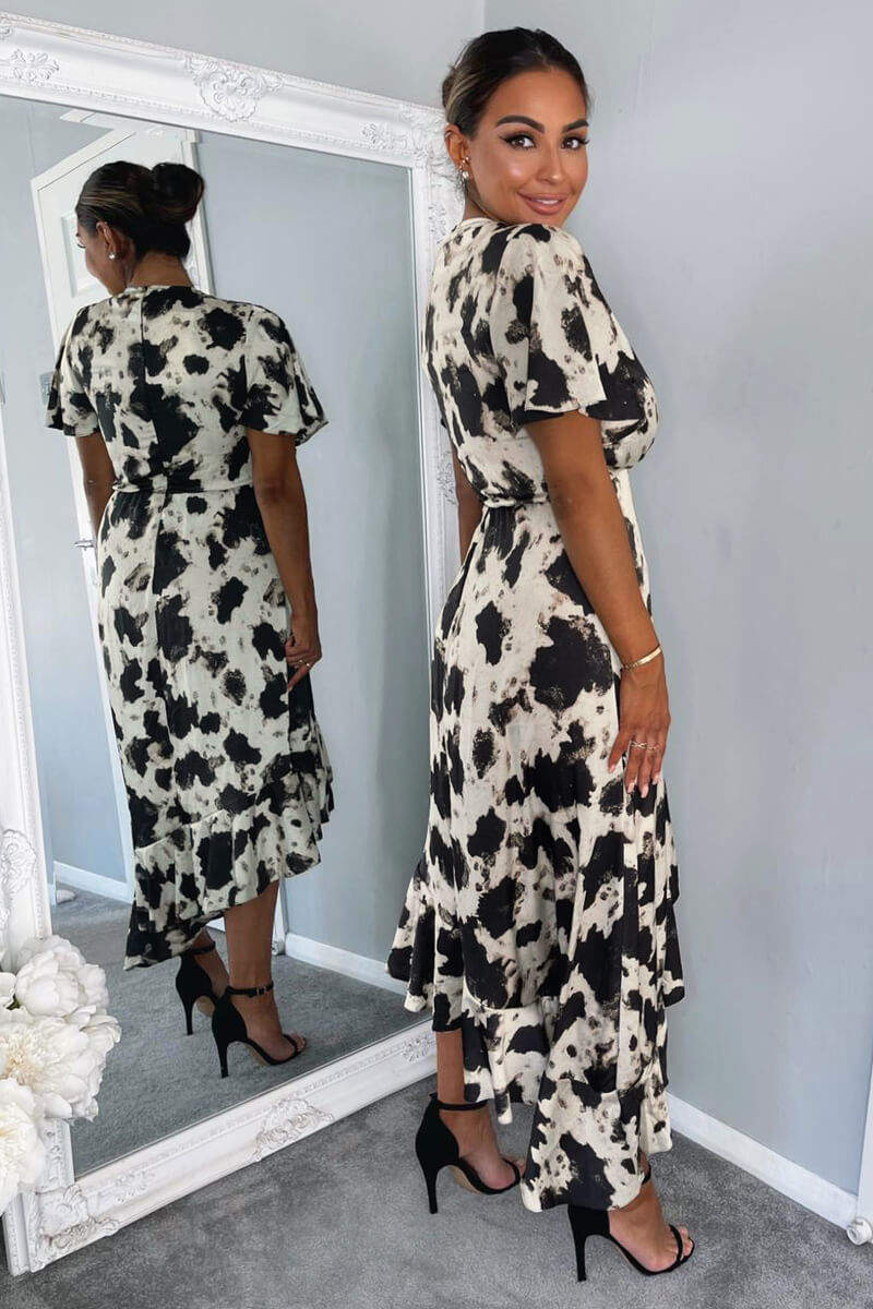 Black And Stone Abstract Print Wrap Midi Dress - Image 6
