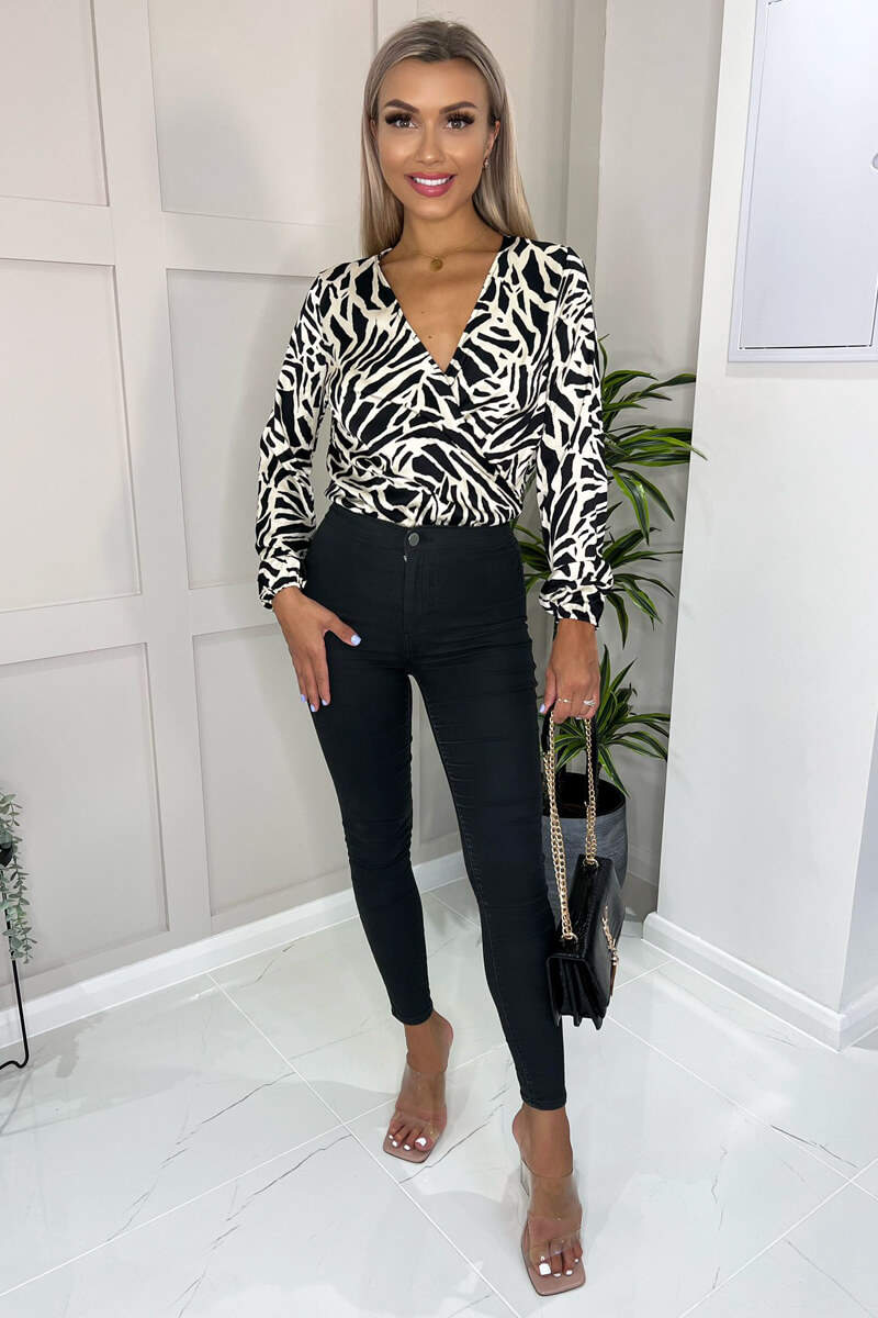 Black And Stone Animal Print Long Sleeve Wrap Over Bodysuit - Image 2