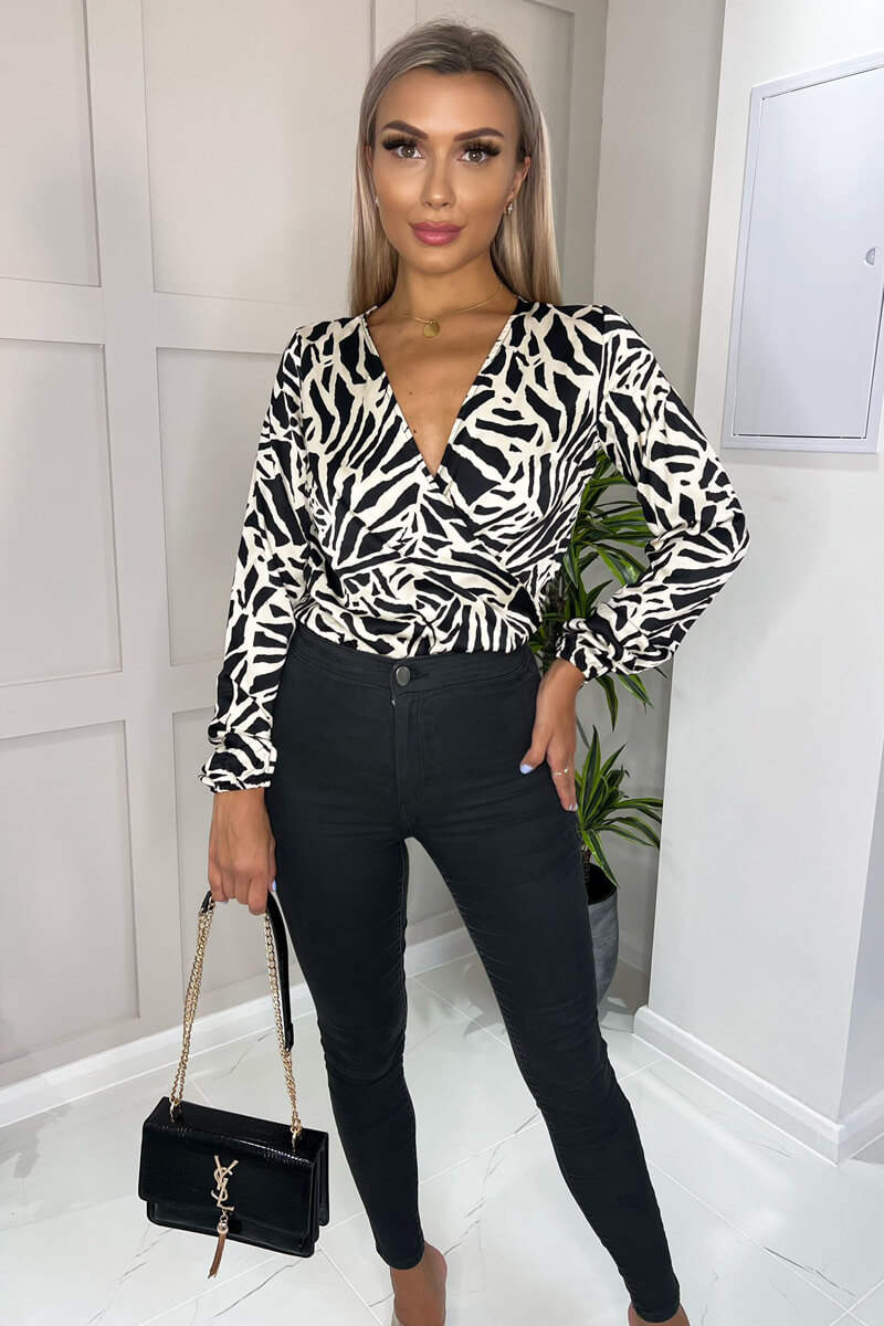 Black And Stone Animal Print Long Sleeve Wrap Over Bodysuit - Image 3