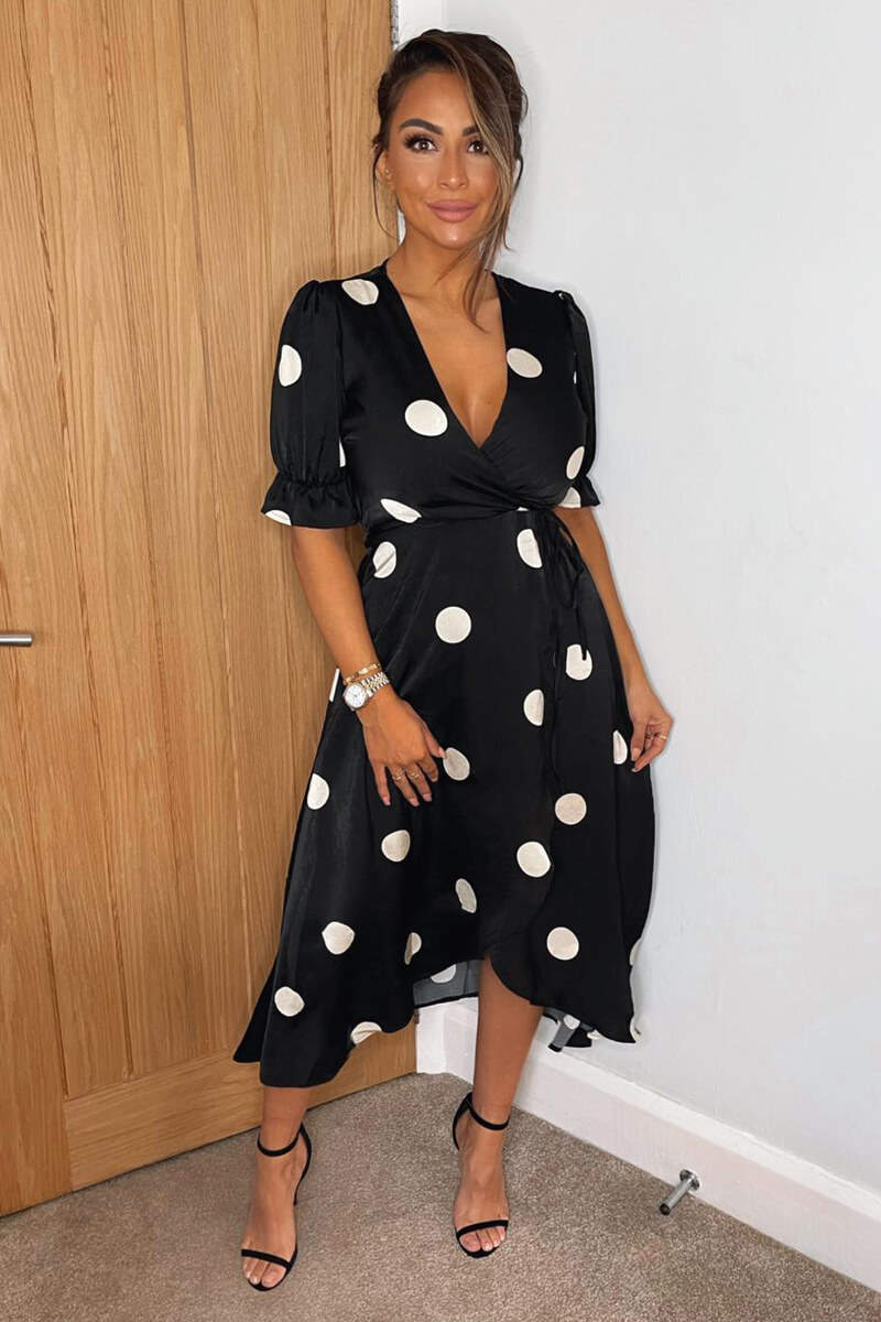 Black And Stone Polka Dot Wrap Side Tie Midi Dress - Image 2