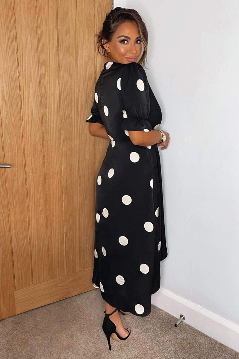 Black And Stone Polka Dot Wrap Side Tie Midi Dress - Image 4