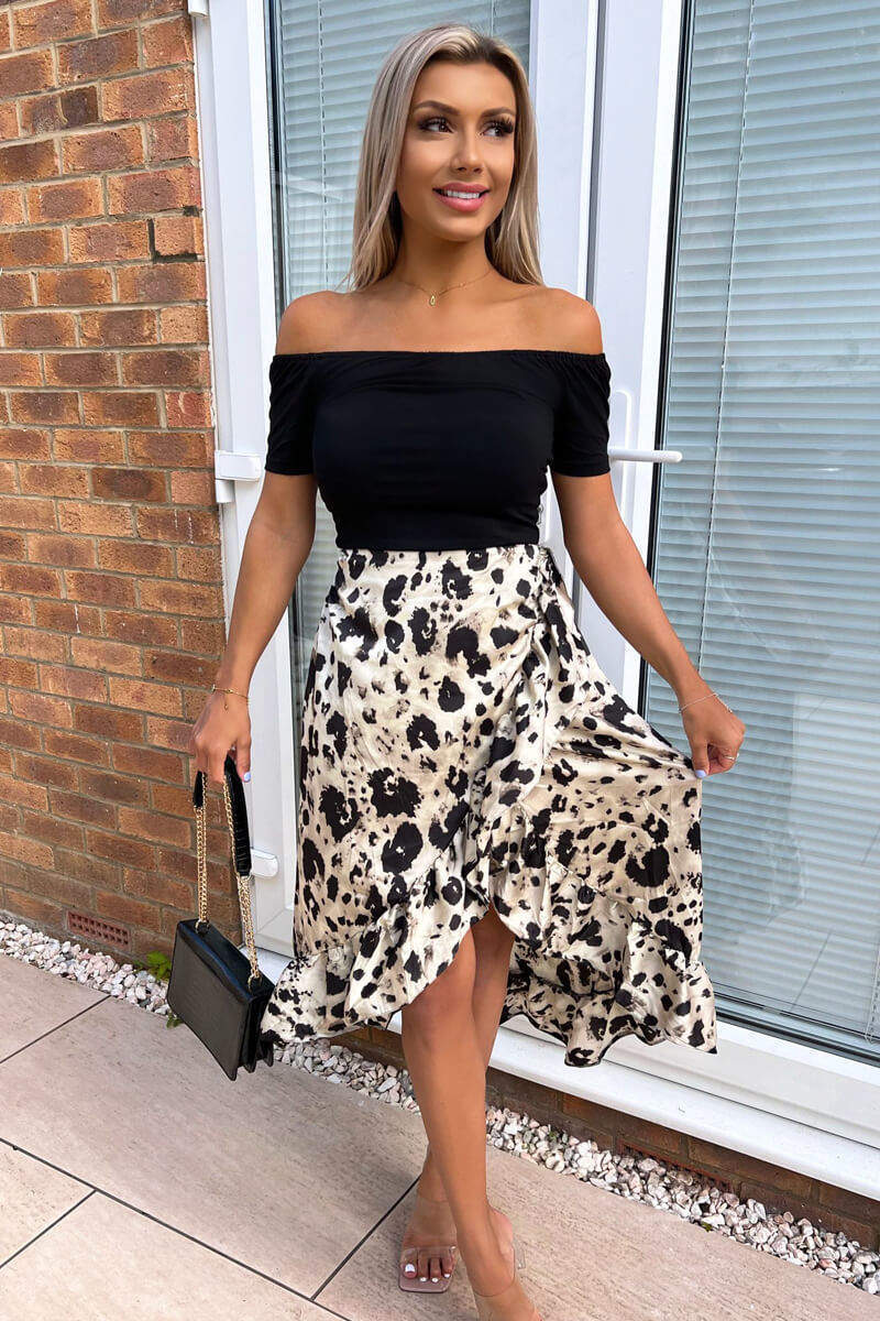 Black and Stone Printed 2 in 1 Bardot Midi Dress - Image 2