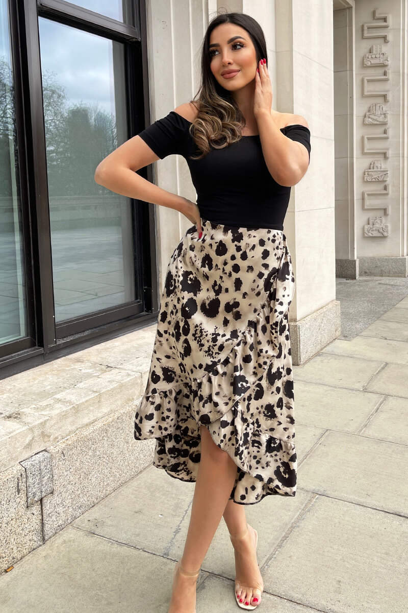 Black and Stone Printed 2 in 1 Bardot Midi Dress - Image 4