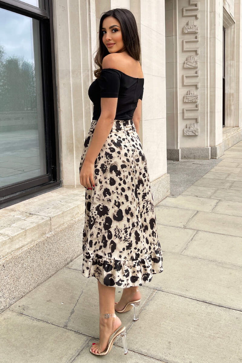 Black and Stone Printed 2 in 1 Bardot Midi Dress - Image 5