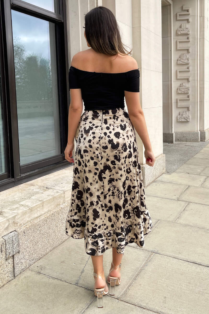 Black and Stone Printed 2 in 1 Bardot Midi Dress - Image 6