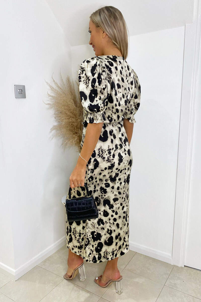 Black and Stone Printed Frill Front Midi Dress - Image 4