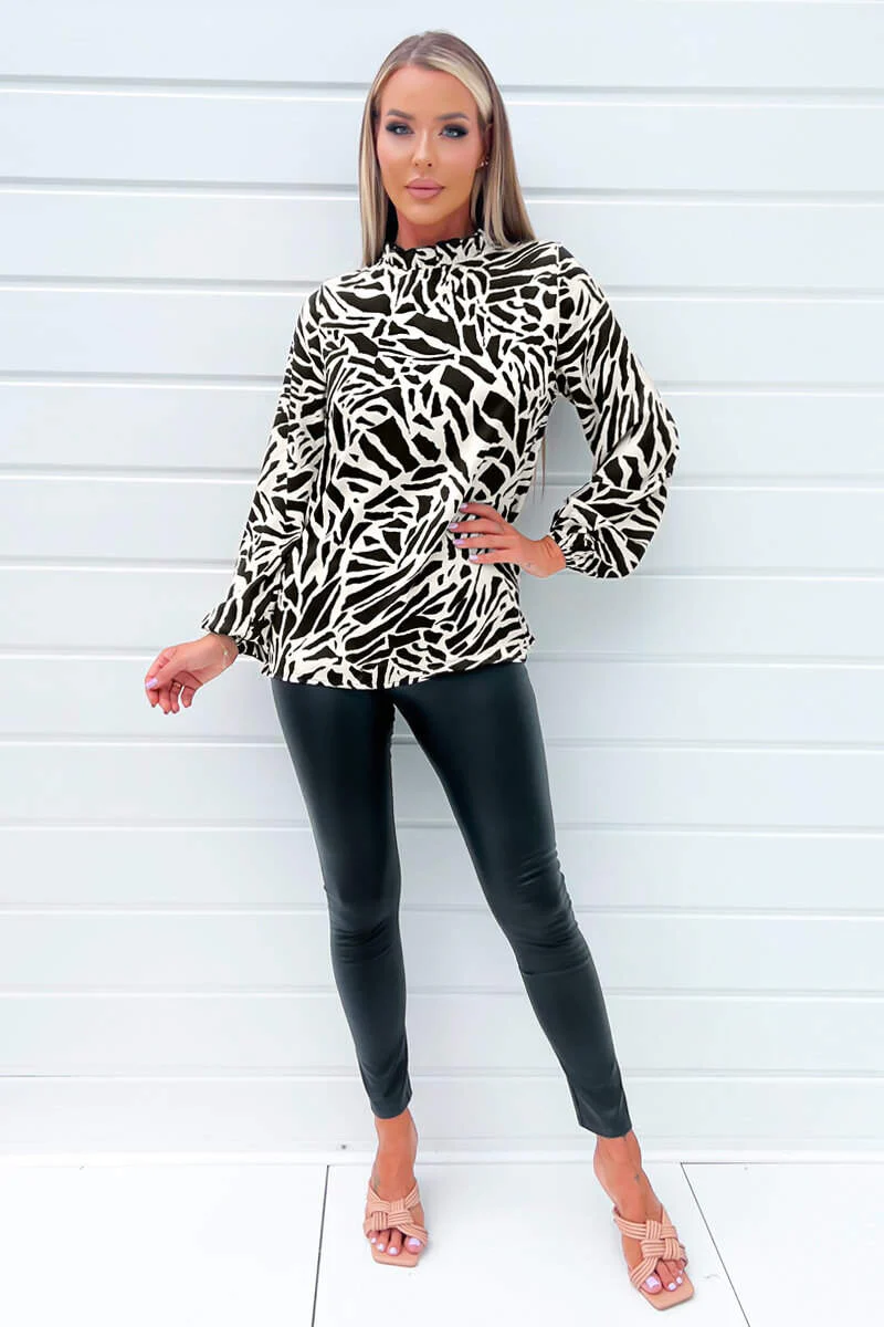 Black And Stone Printed Long Sleeve High Neck Blouse - Image 3