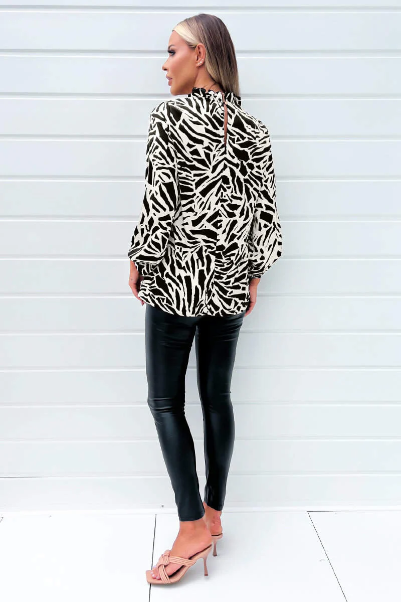 Black And Stone Printed Long Sleeve High Neck Blouse - Image 4