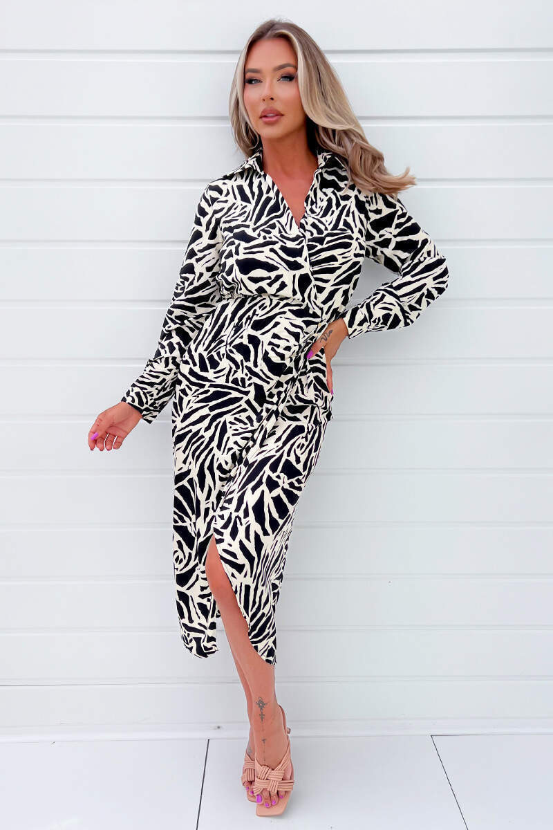 Black and Stone Printed Midi Wrap Dress - Image 2
