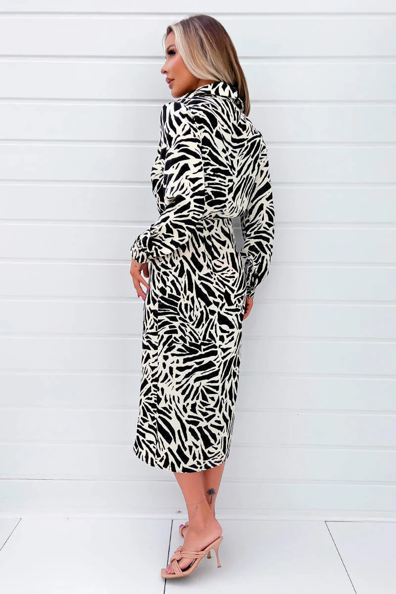 Black and Stone Printed Midi Wrap Dress - Image 4