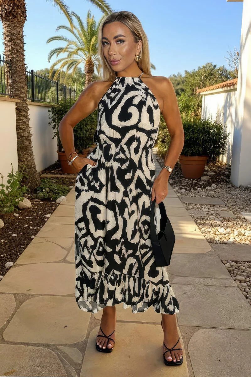 Black And White Abstract Print Racer Neck Frill Hem Midi Dress - Image 2