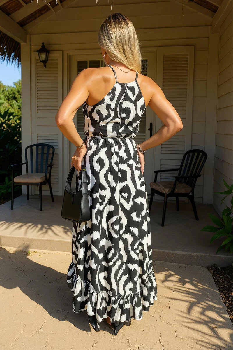 Black And White Abstract Print Racer Neck Frill Hem Midi Dress - Image 4