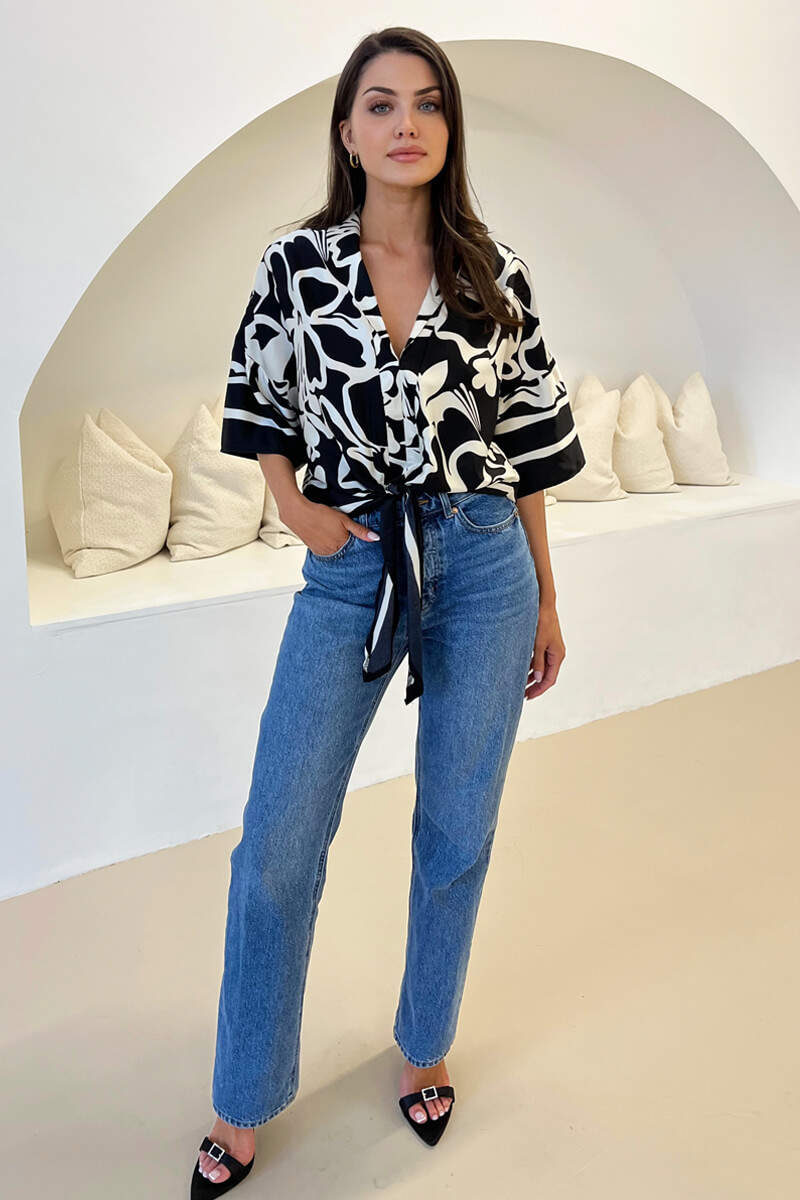 Black And White Abstract Printed Tie Waist Top - Image 4
