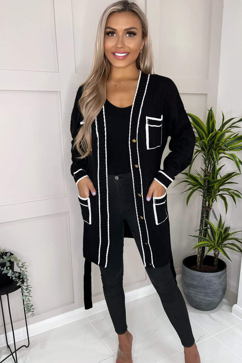 Black and White Contrast Detail Knitted Cardigan - Image 2