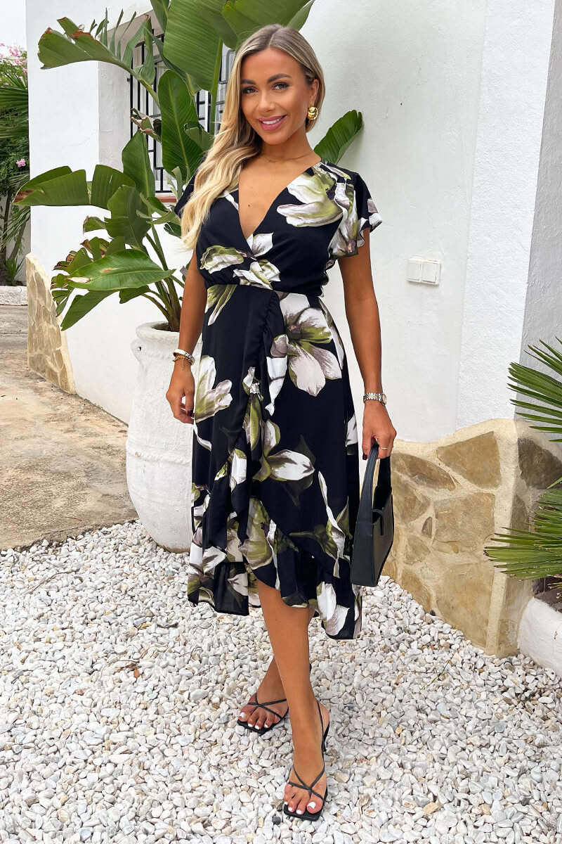 Black And White Floral Print Frill Hem Wrap Midi Dress - Image 2