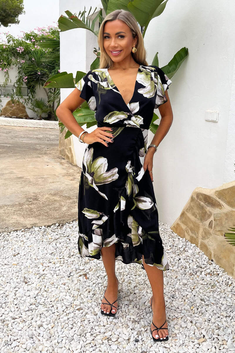 Black And White Floral Print Frill Hem Wrap Midi Dress - Image 3