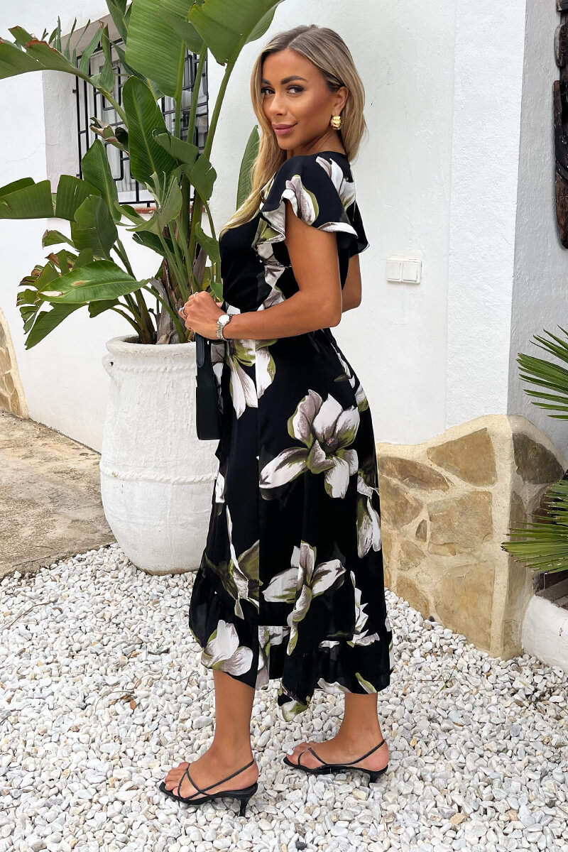 Black And White Floral Print Frill Hem Wrap Midi Dress - Image 4