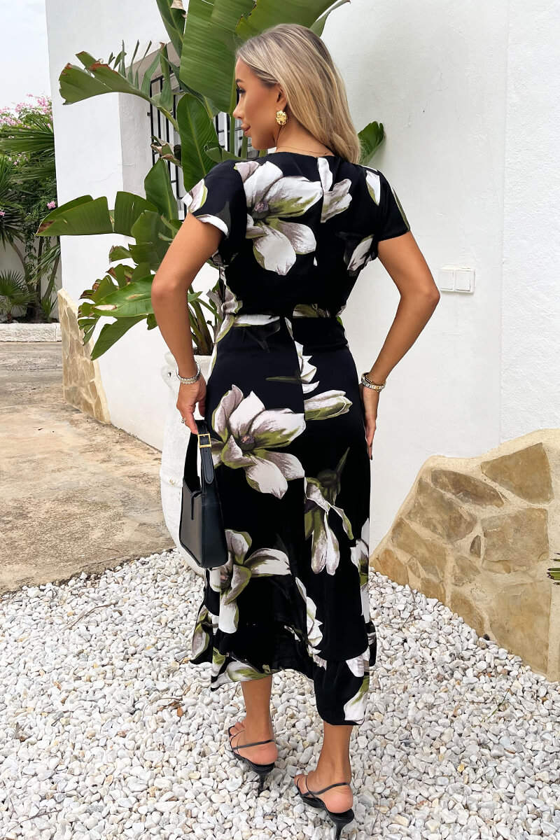 Black And White Floral Print Frill Hem Wrap Midi Dress - Image 5