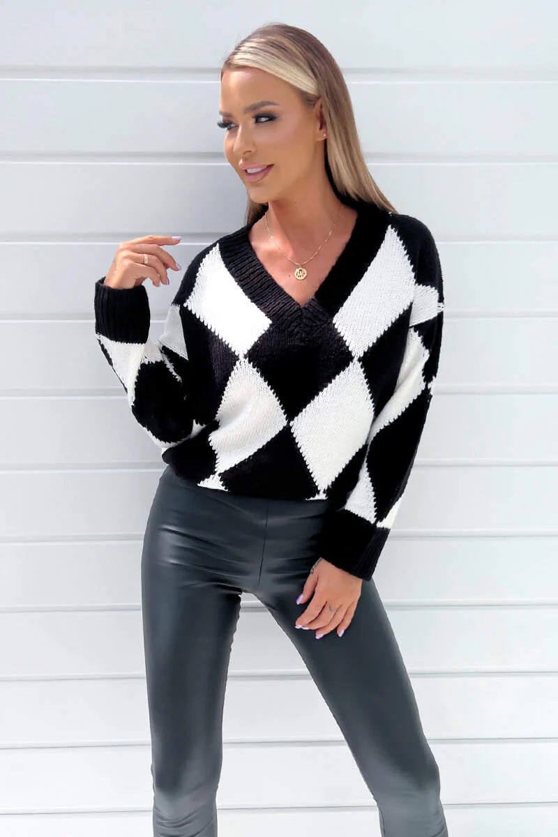 Black And White Geo Diamond Pattern V Neck Long Sleeve Knitted Jumper - Image 2