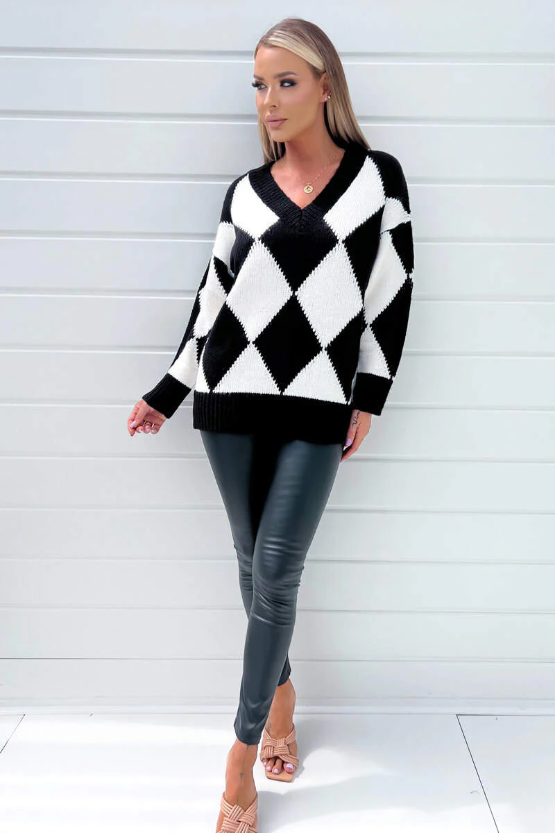 Black And White Geo Diamond Pattern V Neck Long Sleeve Knitted Jumper - Image 3