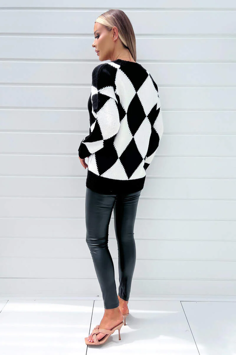 Black And White Geo Diamond Pattern V Neck Long Sleeve Knitted Jumper - Image 4