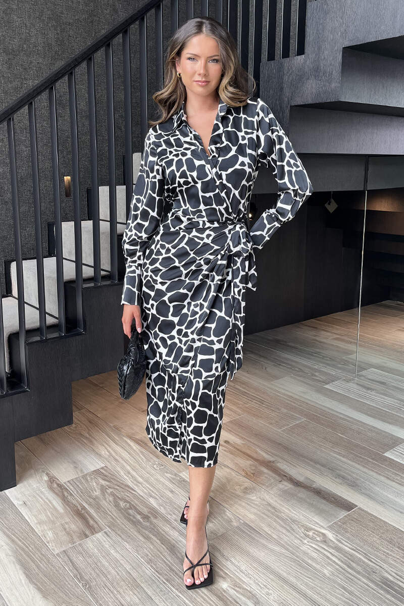 Black And White Giraffe Print Side Tie Waist Wrap Midi Dress - Image 4
