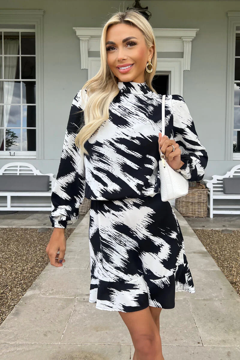 Black and White High Neck Long Sleeve Skater Dress - Image 2