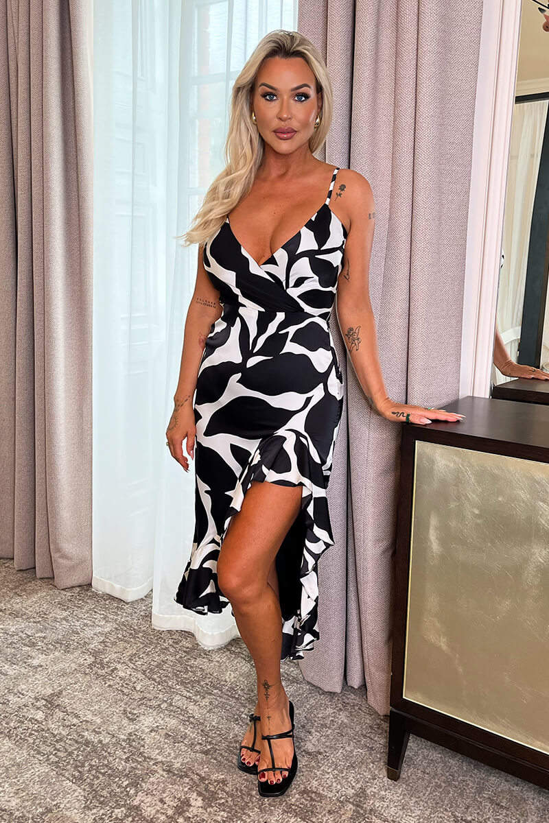 Black And White Leaf Print Strappy Wrap Top High Low Frill Hem Midi Dress - Image 6