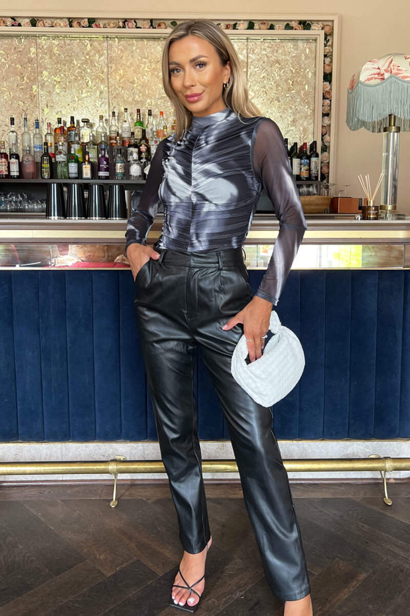 Black And White Marble Print High Neck Long Sleeve Ruched Mesh Bodysuit - Image 2