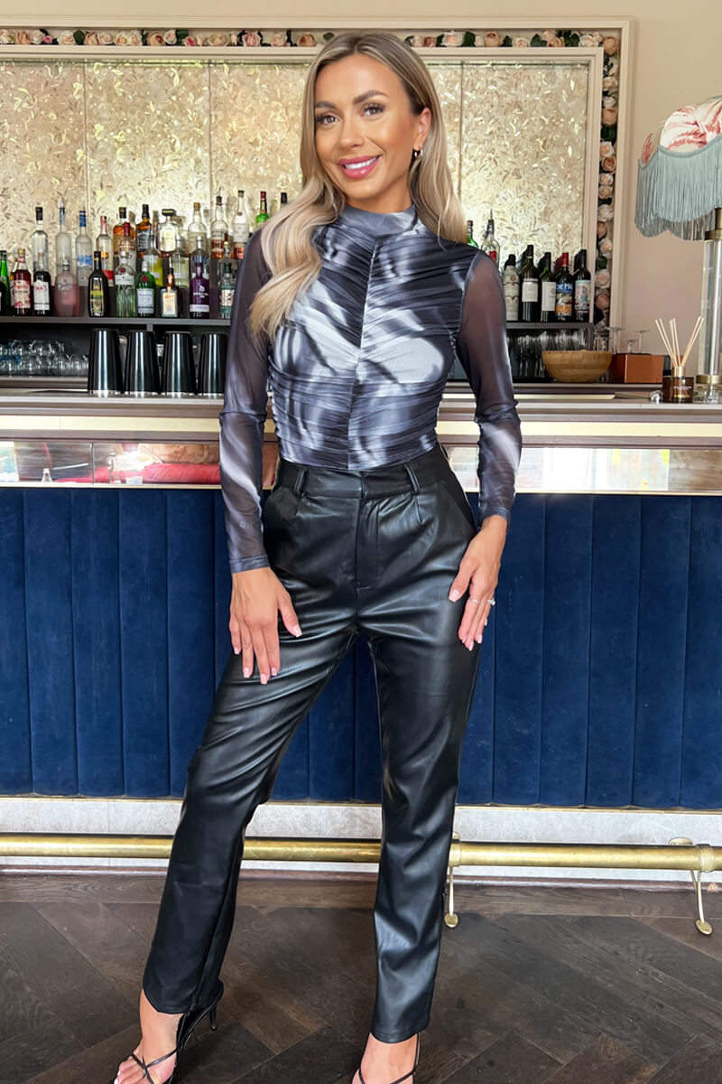 Black And White Marble Print High Neck Long Sleeve Ruched Mesh Bodysuit - Image 5