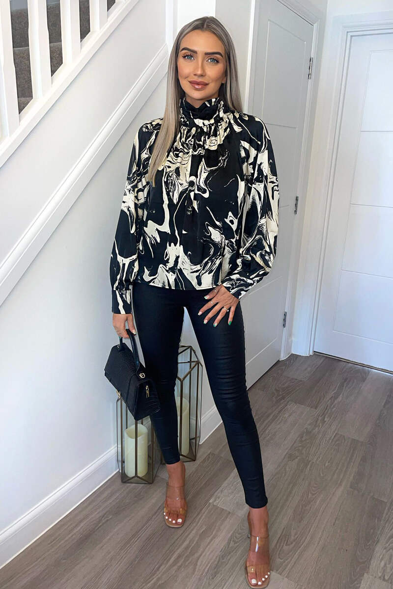 Black And Cream Marble Print  Long Sleeve Top - Image 2