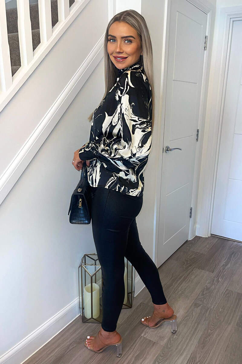 Black And Cream Marble Print  Long Sleeve Top - Image 3