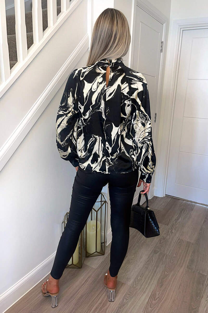 Black And Cream Marble Print  Long Sleeve Top - Image 4
