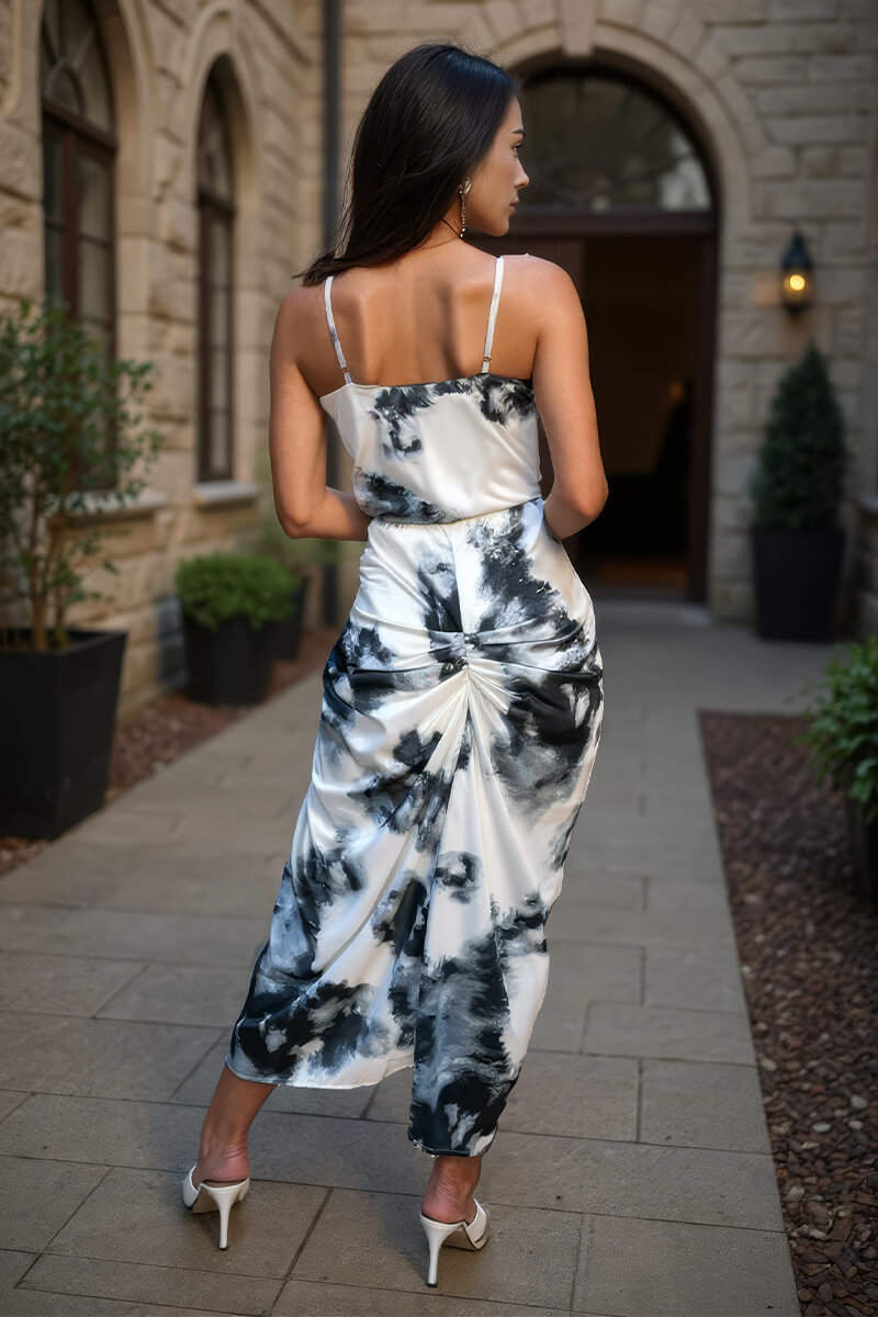 Black And White Marble Print Strappy Wrap Top Knot Skirt Midi Dress - Image 5