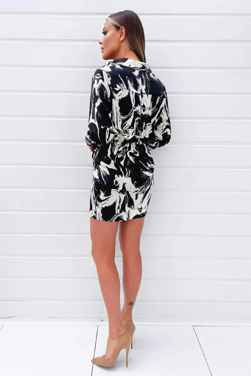 Black And Cream Marble Print Wrap Shirt Mini Dress - Image 4