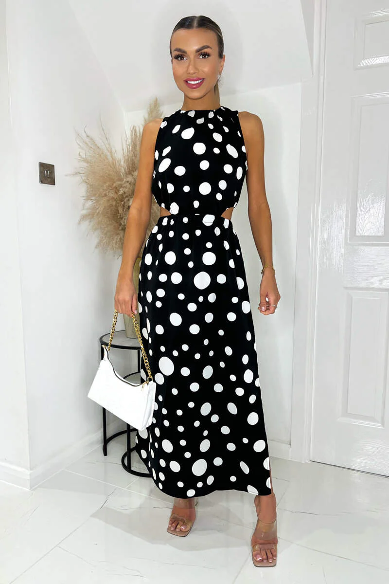 Black And White Polka Dot Cut Out Midi Dress - Image 3