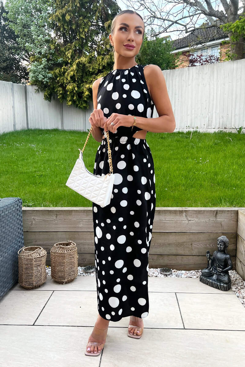 Black And White Polka Dot Cut Out Midi Dress - Image 4