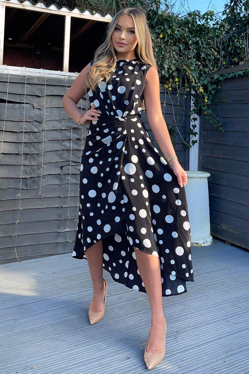 Black And White Polka Dot Gathered Midi Dress - Image 2