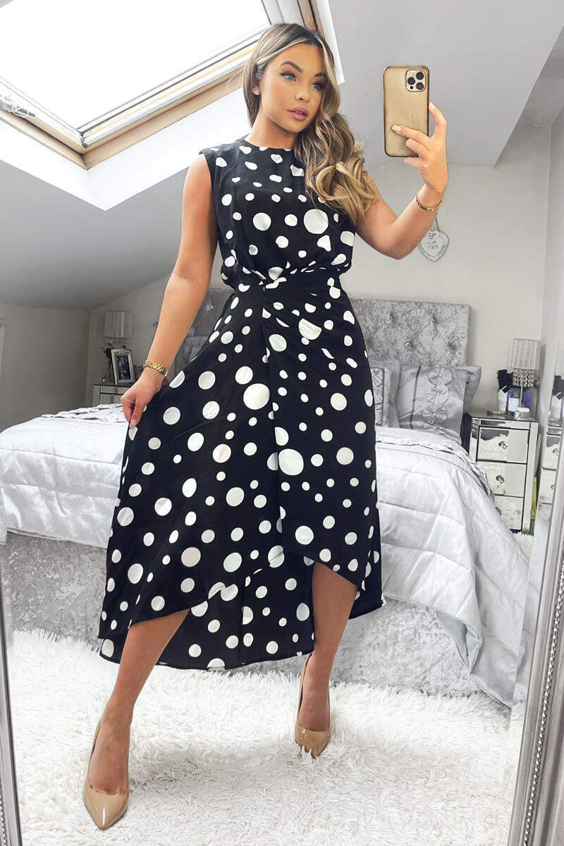 Black And White Polka Dot Gathered Midi Dress - Image 3
