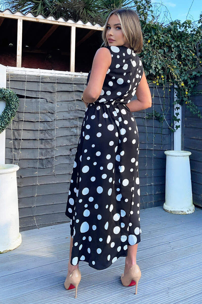 Black And White Polka Dot Gathered Midi Dress - Image 4