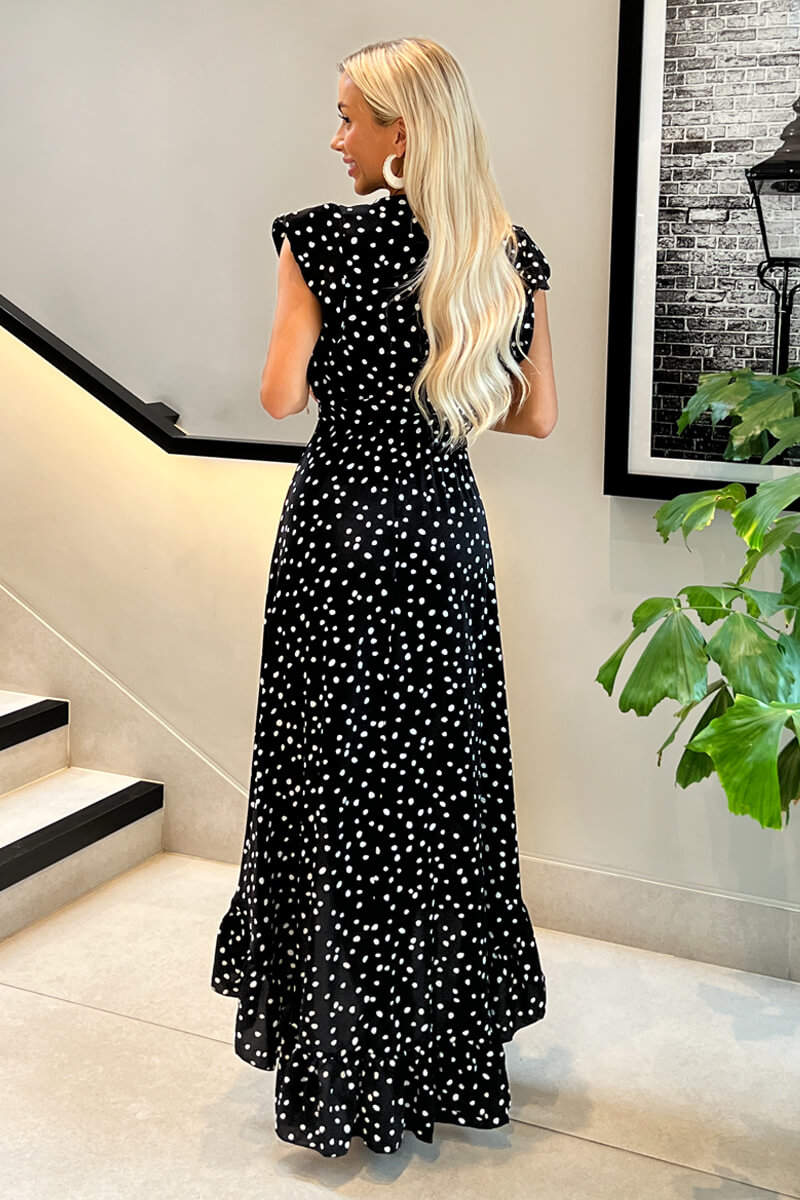 Black And White Polka Dot Wrap Over Top Frill Hem Midi Dress - Image 2